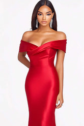 Off The Shoulder Satin Red Wedding Guest Dress Mermaid Formal Dress